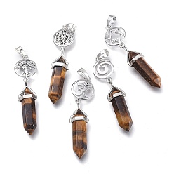 Tiger Eye Natural Tiger Eye Pointed Big Pendants, Double Terminated Pointed, with Platinum Plated Brass Findings, Faceted, Bullet, 59~67x14~15mm, Hole: 7x5mm, Gemstone: 41~44x8mm