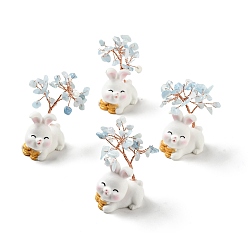 Aquamarine Natural Aquamarine Tree Display Decorations, Resin Rabbit Base Feng Shui Ornament for Wealth, Luck, Rose Gold, 26x42~49x62~64mm