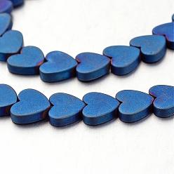 Blue Plated Electroplate Non-magnetic Synthetic Hematite Beads Strands, Frosted, Heart, Blue Plated, 6x6x2mm, Hole: 1mm, about 80pcs/strand, 15.7 inch
