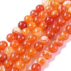 Coral Natural Striped Agate/Banded Agate Beads Strands, Dyed & Heated, Round, Coral, 8mm, Hole: 1.2mm, about 47pcs/strand, 14.96 inch(38cm)