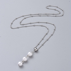 Stainless Steel Color Pendant Necklaces, with 304 Stainless Steel Twisted Chains/Curb Chains/Satellite Chains and Plastic Imitation Pearl Round Beads, Stainless Steel Color, 23.62 inch(60cm)