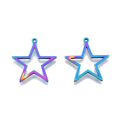Rainbow Color Ion Plating(IP) 201 Stainless Steel Pendants, Star, Rainbow Color, 26x25x1.5mm, Hole: 1.2mm