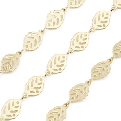 Real 18K Gold Plated Brass Hollow Leaf Link Chains, Unwelded, with Spool, Real 18K Gold Plated, 15x7x0.5mm