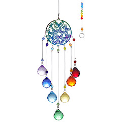 Colorful Crystal Teardrop Glass Chandelier Suncatchers Prisms, Chakra Woven Net/Web with Feather Sun Catcher Hanging Butterfly Ornament with Iron Chain, Colorful, 430x55mm