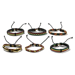 Mixed Color 6Pcs 6 Style Adjustable Braided Imitation Leather Cord Bracelet Set with Waxed Cord for Men, Mixed Color, Inner Diameter: 2~3-1/8 inch(5.2~8cm), 1Pc/style