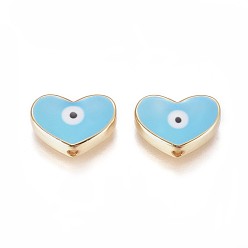 Sky Blue Golden Tone Brass Beads, with Enamel, Heart with Evil Eye, Sky Blue, 11x15x4.5mm, Hole: 1.6mm