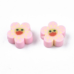 Pink Perles en fimo faits à la main, fleur avec le visage souriant, rose, 9~10x4mm, Trou: 1.5mm