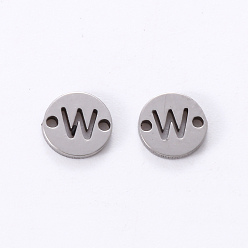 Letter W 201 Stainless Steel Links, Laser Cut, Flat Round with Letter, Letter.W, 6x6x1mm, Hole: 0.8mm