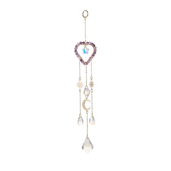 Amethyst Glass Teardrop & Star Window Hanging Suncatchers, Heart Natural Amethyst & Brass Sun & Moon Pendants Decorations Ornaments, 230mm
