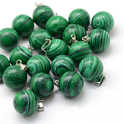 Malachite Round Dyed Synthetic Malachite Pendants, with Platinum Tone Brass Findings, 17~19x13~14mm, Hole: 2x7mm