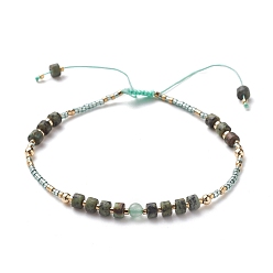 African Turquoise(Jasper) Adjustable Nylon Thread Braided Bead Bracelets, with Natural African Turquoise(Jasper) & Green Aventurine Beads, Brass Round Beads and Glass Seed Beads, 2-3/8~3-1/2 inch(5.9~8.8cm)