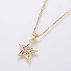 Golden Stainless Steel Pendant Necklaces, with Brass Micro Pave Cubic Zirconia Pendants, Star, Golden, 17.59 inch(44.7cm), pendant: 19x15x2mm