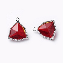 Red Glass Pendants, with Eco-Friendly Alloy Open Back Berzel Findings, Faceted, Triangle, Silver Color Plated, Red, 17x14.5x7mm, Hole: 1.2mm