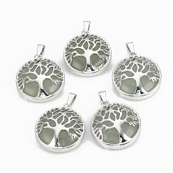 Green Aventurine Natural Green Aventurine Pendants, with Brass Findings, Flat Round with Tree of Life, Platinum, 30.5x27x8mm, Hole: 7x3mm