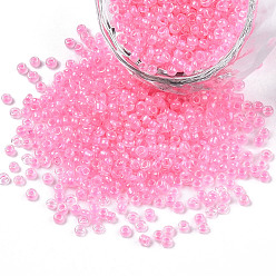 Pink 12/0 Glass Seed Beads, Inside Colours, Round Hole, Round, Transparent Colours Rainbow, Pink, 12/0, 2~2.5x1.5~2mm, Hole: 0.8mm, about 30000pcs/bag