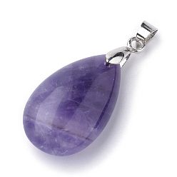 Amethyst Natural Amethyst Pendants, with Alloy Findings, teardrop, Platinum, 23~24x14x8mm, Hole: 4x5mm