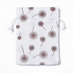 Flower Burlap Packing Pouches Drawstring Bags, Rectangle, White, Flower, 13.5~14x10x0.35cm