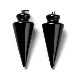 Obsidienne Pendentifs en obsidienne naturelles, avec les accessoires en laiton de platine, cône, 40~44x15~16mm, Trou: 3x7mm
