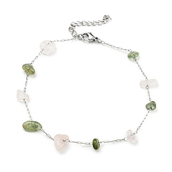 Quartz Rose Bracelet de cheville en perles de quartz rose naturel avec chaînes en acier inoxydable pour femmes, 304 pouce (8-7/8 cm)