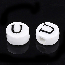 Letter U Handmade Porcelain Beads, Horizontal Hole, Flat Round with Letter, White, Letter.U, 8~8.5x4.5mm, Hole: 2mm