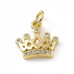 Real 18K Gold Plated Brass Micro Pave Clear Cubic Zirconia Crown Charms, with Open Jump Rings, Real 18K Gold Plated, 10x11x2.5mm, Jump Ring: 4.5x0.7mm, Inner Diameter: 3mm 