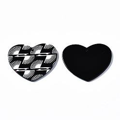 Noir 3 d pendentifs en acrylique imprimés, noir et blanc, coeur avec motif éventail, noir, 31.5x38.5x2.5mm, Trou: 1.6mm
