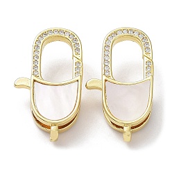 Cat Shape Rack Plating Brass Micro Pave Clear Cubic Zirconia Lobster Claw Clasps, with Natural Shell, Cadmium Free & Lead Free, Long-Lasting Plated, Real 18K Gold Plated, Cat Shape, 24x13.5x5mm, Hole: 3x1.5mm