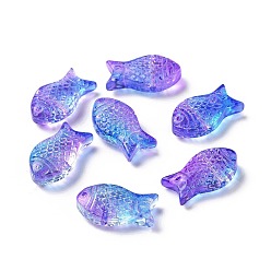 Azul Violeta Perlas de vidrio pintado en aerosol transparente, pescado, Violeta Azul, 15x8x5 mm, agujero: 1 mm