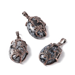 Snowflake Obsidian Natural Snowflake Obsidian Pendants, with Red Copper Tone Brass Findings, Cadmium Free & Lead Free, Oval with Flower Charm, 33x20x9mm, Hole: 5x8mm