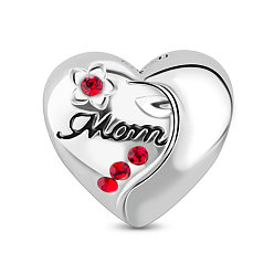 Platinum TINYSAND Mother's Day Theme, Heart Rhodium Plated 925 Sterling Silver European Large Hole Beads, with Cubic Zirconia, and Word Mom, Platinum, 10.88x11.62x8.47mm, Hole: 4.63mm