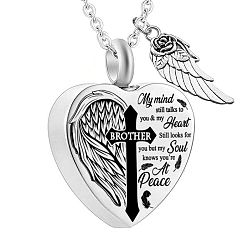 Word Heart and Wing Urn Ashes Pendant Necklace, Cross with Word Brother 316L Stainless Steel Memorial Jewelry for Men Women, Word, 18.9 inch(48cm)