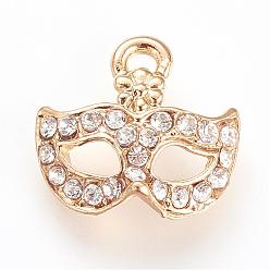 Golden Alloy Rhinestone Charms, Mask, Golden, 14.5x15.5x5mm, Hole: 2mm