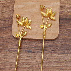 Golden Iron Hair Stick Findings, with Alloy Cabochons Settings, Lotus, Golden, Tray: 10mm and 14x10mm, 181x34x15.5mm