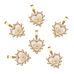 White 6Pcs Brass Clear Cubic Zirconia Pendants, with Enamel, Long-Lasting Plated, Real 18K Gold Plated, Heart and Eye, White, 23x19x3mm, Hole: 2.5x6mm