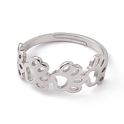 Stainless Steel Color 201 Stainless Steel Hollow Out Dog Paw Prints Adjustable Ring for Women, Stainless Steel Color, US Size 6 1/4(16.7mm)