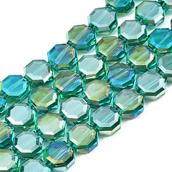 Светлый Морско-зеленый Гальванизируйте прозрачное стекло бисер нитей, с покрытием AB цвета, граненые, восьмиугольник, светло-зеленый, 7~8x7~8x4 мм, отверстие : 1.2 мм, около 72 шт / нитка, 20.47 дюйм (52 см)