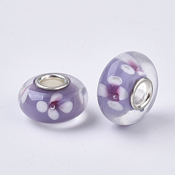 Medium Purple Handmade Lampwork European Beads, Inner Flower, Large Hole Beads, with Silver Color Plated Brass Single Cores, Rondelle, Medium Purple, 14x7.5mm, Hole: 4mm