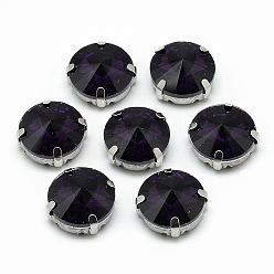 Púrpura Cose en el rhinestone, Enlaces multifilares, diamantes de imitación de cristal, con ajustes de puntas de latón, accesorios de prendas de vestir, facetados, plano y redondo, Platino, púrpura, 9x6.3 mm, agujero: 0.8~1 mm