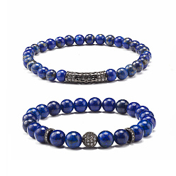 Lapis Lazuli Ensemble de bracelets extensibles de perles rondes en lapis-lazuli naturel (teint), Bracelets de perles de zircone cubique rondes et tubulaires en laiton micro pavé, gris anthracite, diamètre intérieur: 2-1/4 pouce (5.6 cm), 2 pièces / kit
