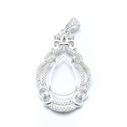 Platinum Rhodium Plated 925 Sterling Silver Pendant Cabochon Open Back Settings, with Cubic Zirconia, Teardrop, with 925 Stamp, Platinum, 38.5x21x4mm, Hole: 5x3mm, Tray: 16.5x8mm, Pin: 0.8mm