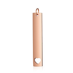 Rose Gold 201 Stainless Steel Pendants, Manual Polishing, Rectangle with Heart, Rose Gold, 40x7x1.5mm, Hole: 3mm