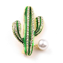 Verde Broche de aleación de cactus con perla de resina, exquisito pin de solapa de diamantes de imitación para niña mujer, dorado, verde, 40x26x9.5 mm, pin: 0.8 mm
