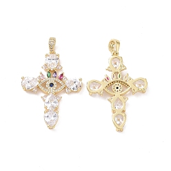 Real 18K Gold Plated Cross with Eye Brass Micro Pave Colorful Cubic Zirconia Big Pendants, Cadmium Free & Nickel Free & Lead Free, Real 18K Gold Plated, 50mm, Hole: 4.5x6.5mm