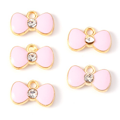 Pink Alloy Enamel Charms, with Crystal Rhinestone, Bowknot, Light Gold, Pink, 9x15x2mm, Hole: 1.8mm
