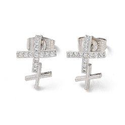 Platinum Brass Rhinestone Stud Earrings, Cross, Platinum, 14.5x10.5mm