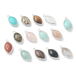 Mixed Stone Mixed Gemstone Pendants, with Brass Edge, Faceted, Horse Eye, 22x12x5.5mm, Hole: 1.8mm