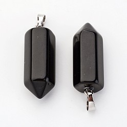 Obsidian Brass Natural Obsidian Pendants, Bullet, Platinum, Pointed Pendant, 33~36x12mm, Hole: 5x7mm