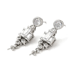 Real Platinum Plated Brass Micro Pave Cubic Zirconia Stud Earring Findings, with 925 Sterling Silver Pins, for Half Drilled Beads, Real Platinum Plated, 30mm, Pin: 12x0.8mm and 0.6mm(for Half Drilled Beads)