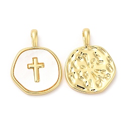 Real 18K Gold Plated Rack Plating Brass Pendants with Shell, Long-Lasting Plated, Lead Free & Cadmium Free, Flat Round with Cross Charms, Real 18K Gold Plated, 18x14x2mm, Hole: 5x1.8mm