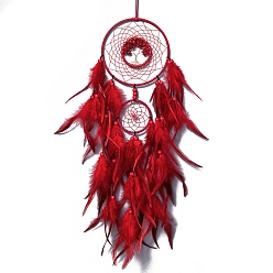 Red Iron & Glass Chips Pendant Hanging Decoration, Woven Net/Web with Feather Wall Hanging Wall Decor, Red, 730mm